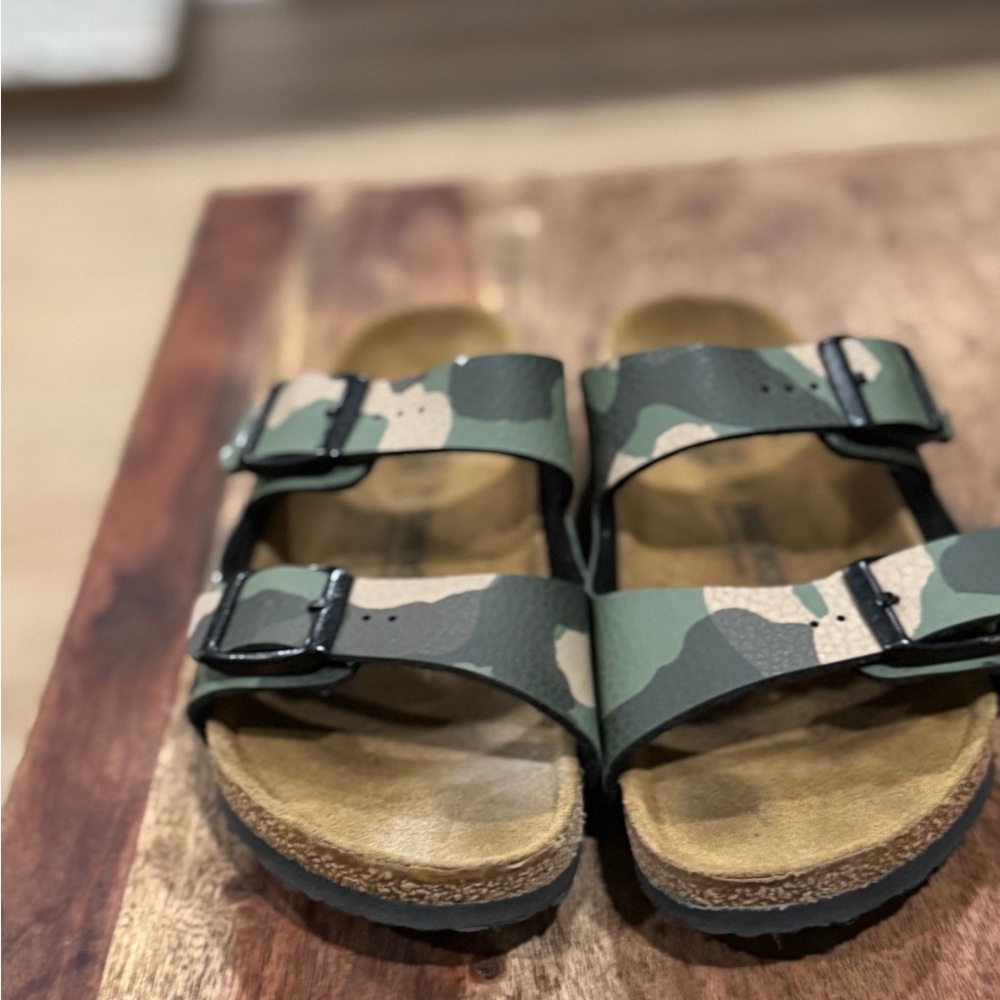 Birkenstock Green and Tan Sandals with Contoured Footbed